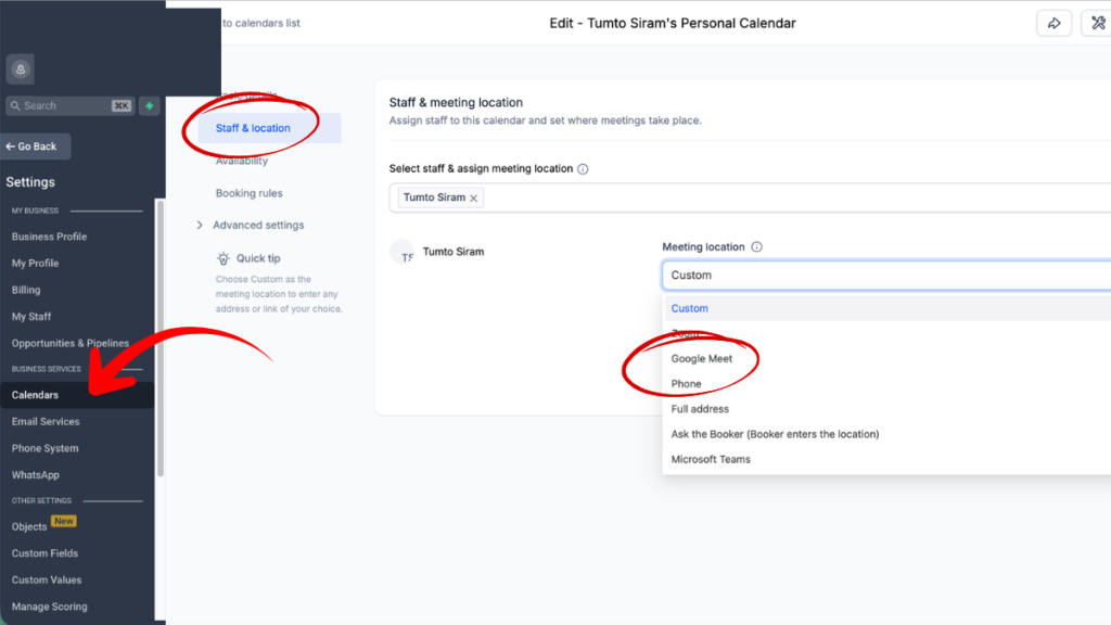 How to setup Google meet as the meeting location