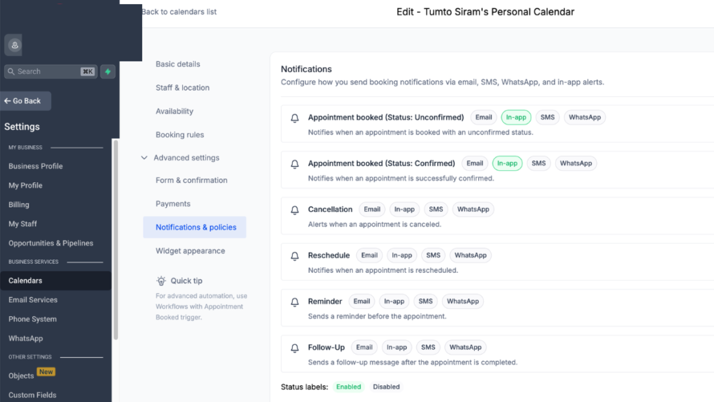 Appointment calendar settings in GHL